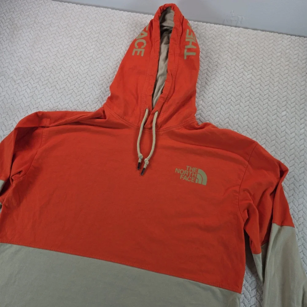 The North Face Mens Orange Khaki Colorblock Hooded Long Sleeve Tee Shirt M